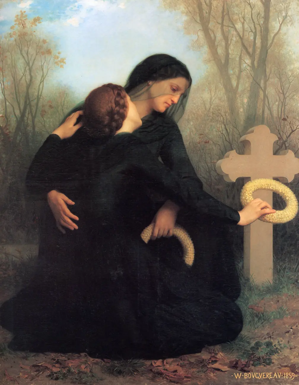 Two women in mourning at a grave, with flowers and a wreath