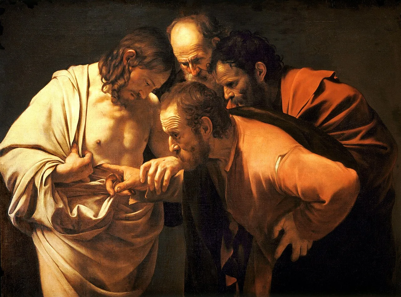The risen Christ guides St. Thomas's hand to the wound in his side as two apostles lean in