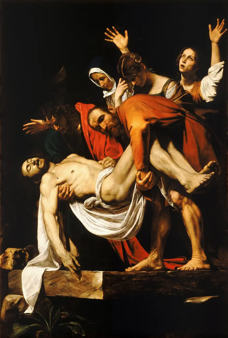 Nicodemus and St. John lower the body of Christ to the tomb, with Mary and the holy women grieving