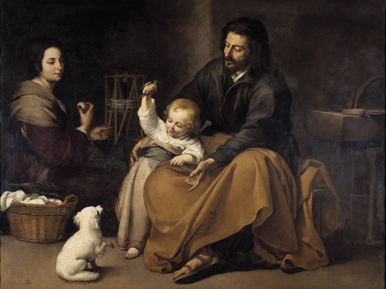 St. Joseph holds the Child Jesus, who shows a little bird to a dog, while Mary looks on
