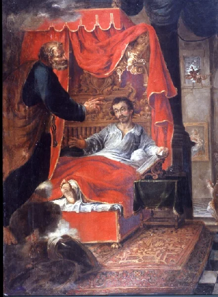 St. Peter appears to the wounded Ignatius as he lies in bed under a red canopy