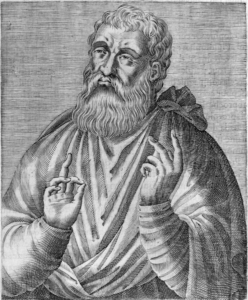 Engraved portrait of St. Justin Martyr, bearded, raising his hands as he speaks