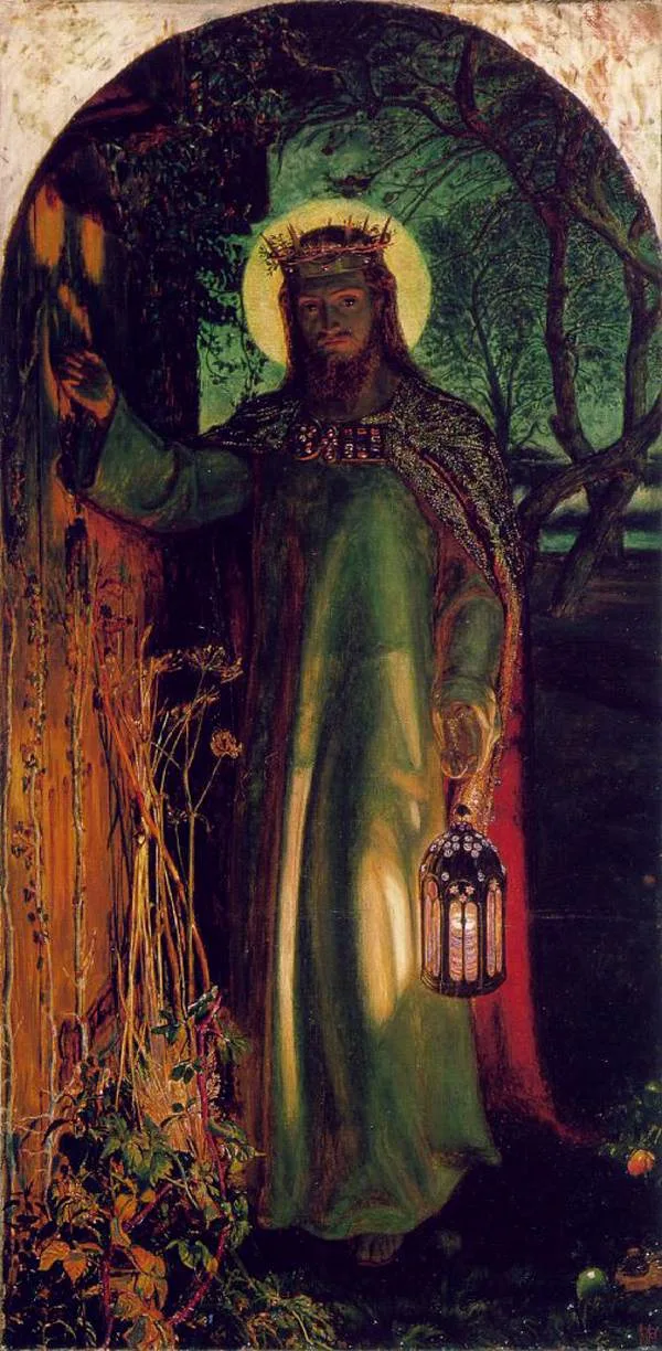 Christ, crowned and carrying a lantern at night, knocks at an overgrown door