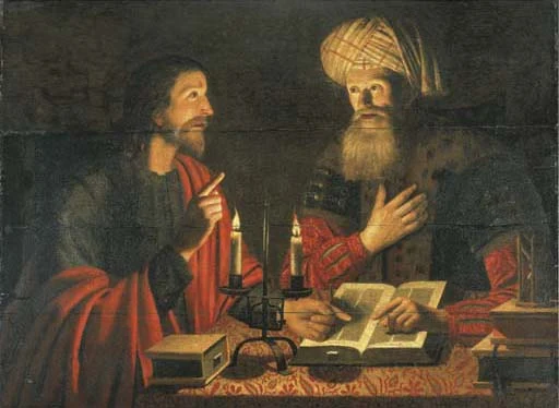 By candlelight, Christ explains a point from an open book to Nicodemus, who listens with his hand on his heart