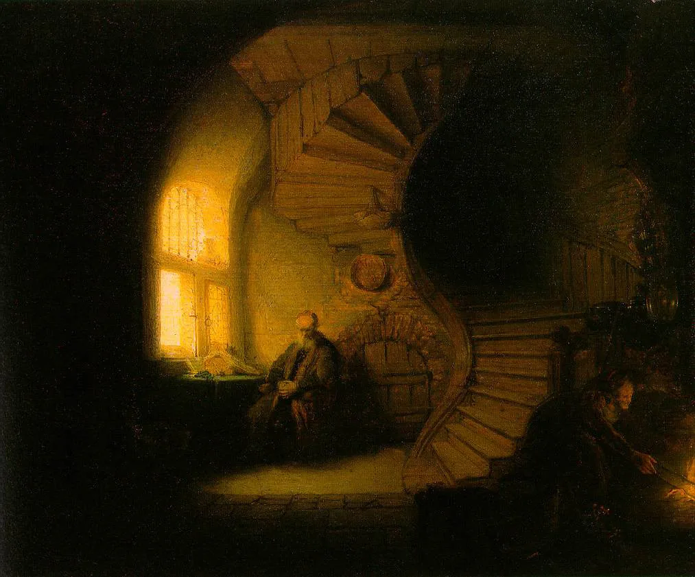 An old man sits in thought by a sunlit window beside a winding stair