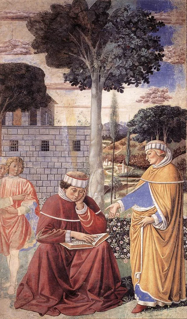St. Augustine sits in a garden reading the letters of St. Paul, as his friend Alypius looks on